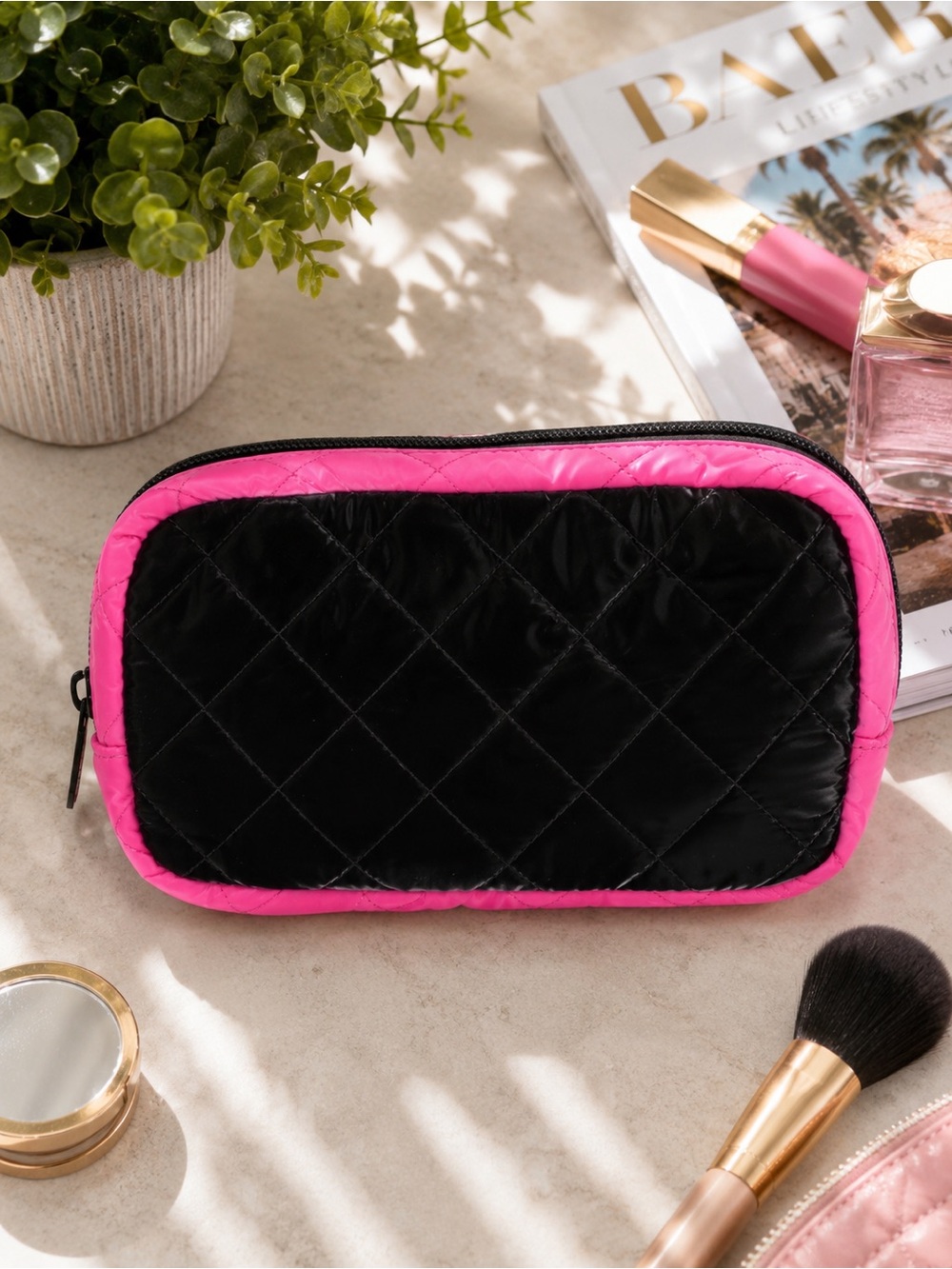 Haute Shore Charli Rave Quilted Cosmetic Bag Black Hot Pink NWT